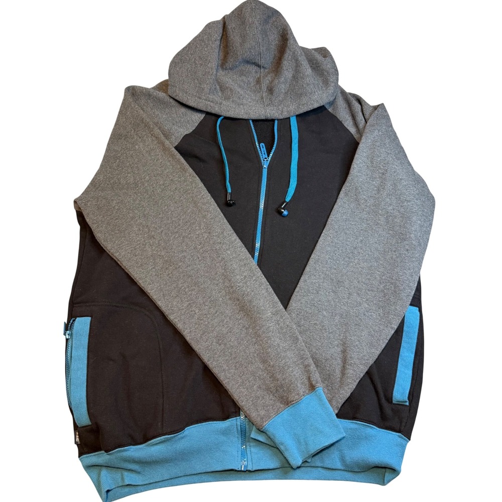 HoodieBuddie Mens Full Zip Hoodie HB3 Technology Earbuds Black Gray Blue Large